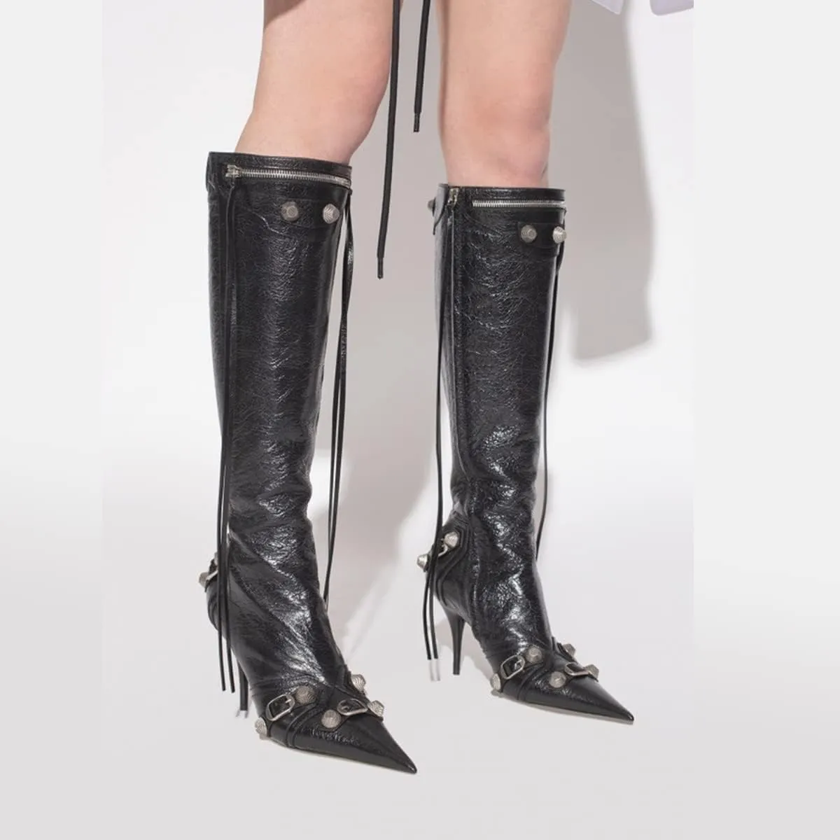 Goolita Women's Pointed Toe Rivet Knee High Boots Stiletto High Heel Punk Style Boot Thin Tassels Buckle Long Bootie