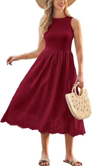 GRACE KARIN Women's Summer Sleeveless Tank Dress A Line Midi Dress Eyelet Crewneck Casual Holiday Dress with Pockets