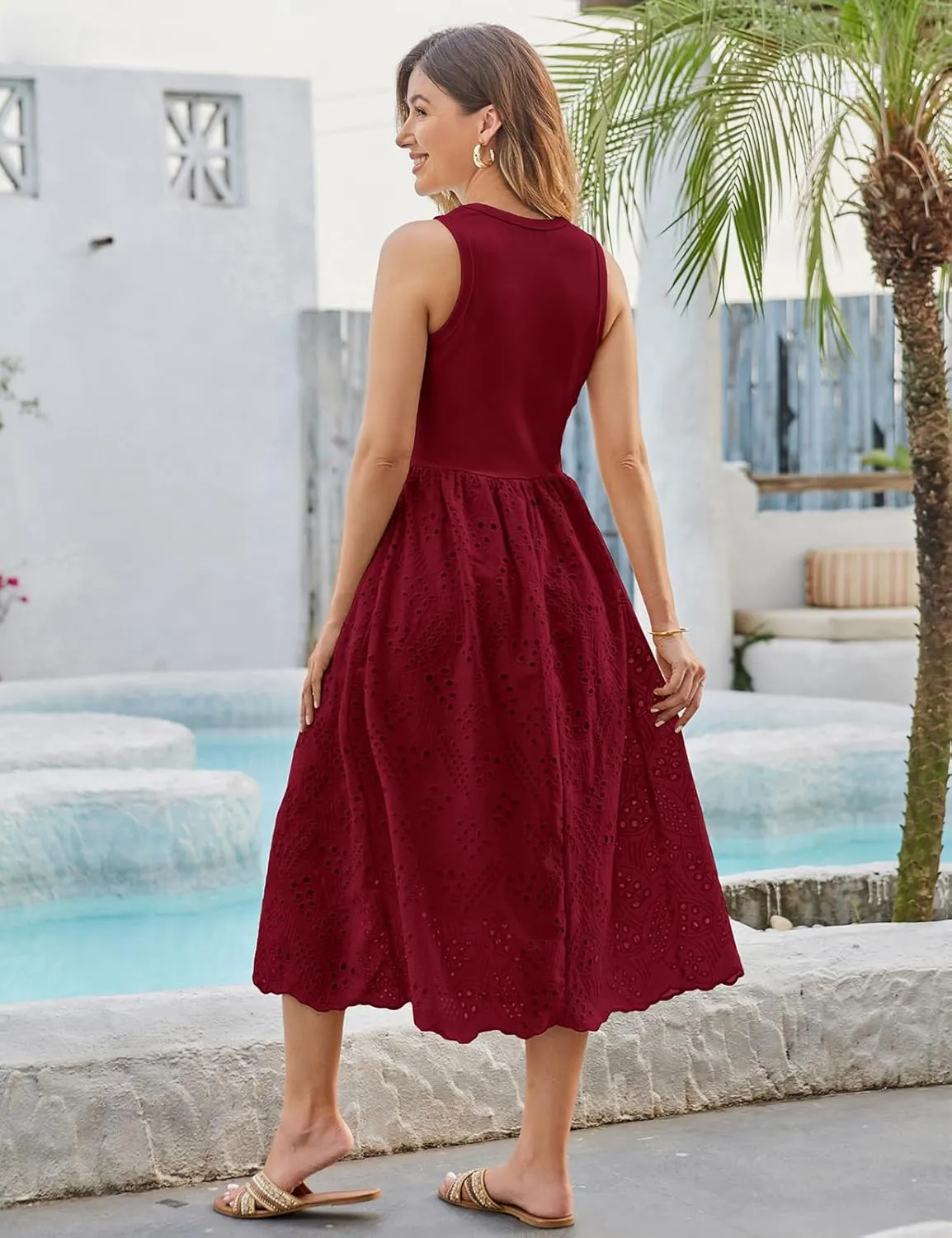GRACE KARIN Women's Summer Sleeveless Tank Dress A Line Midi Dress Eyelet Crewneck Casual Holiday Dress with Pockets