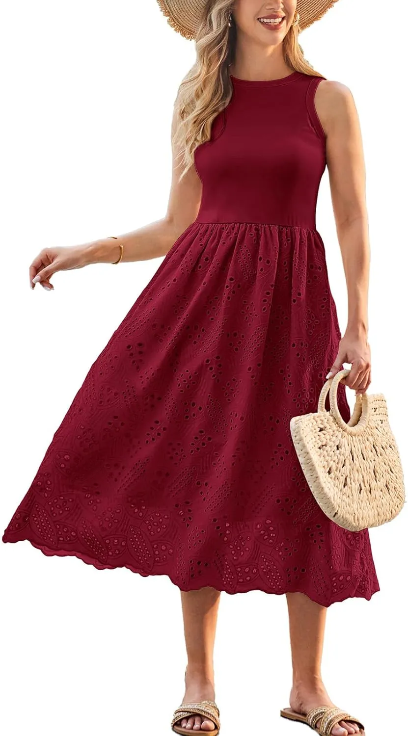 GRACE KARIN Women's Summer Sleeveless Tank Dress A Line Midi Dress Eyelet Crewneck Casual Holiday Dress with Pockets