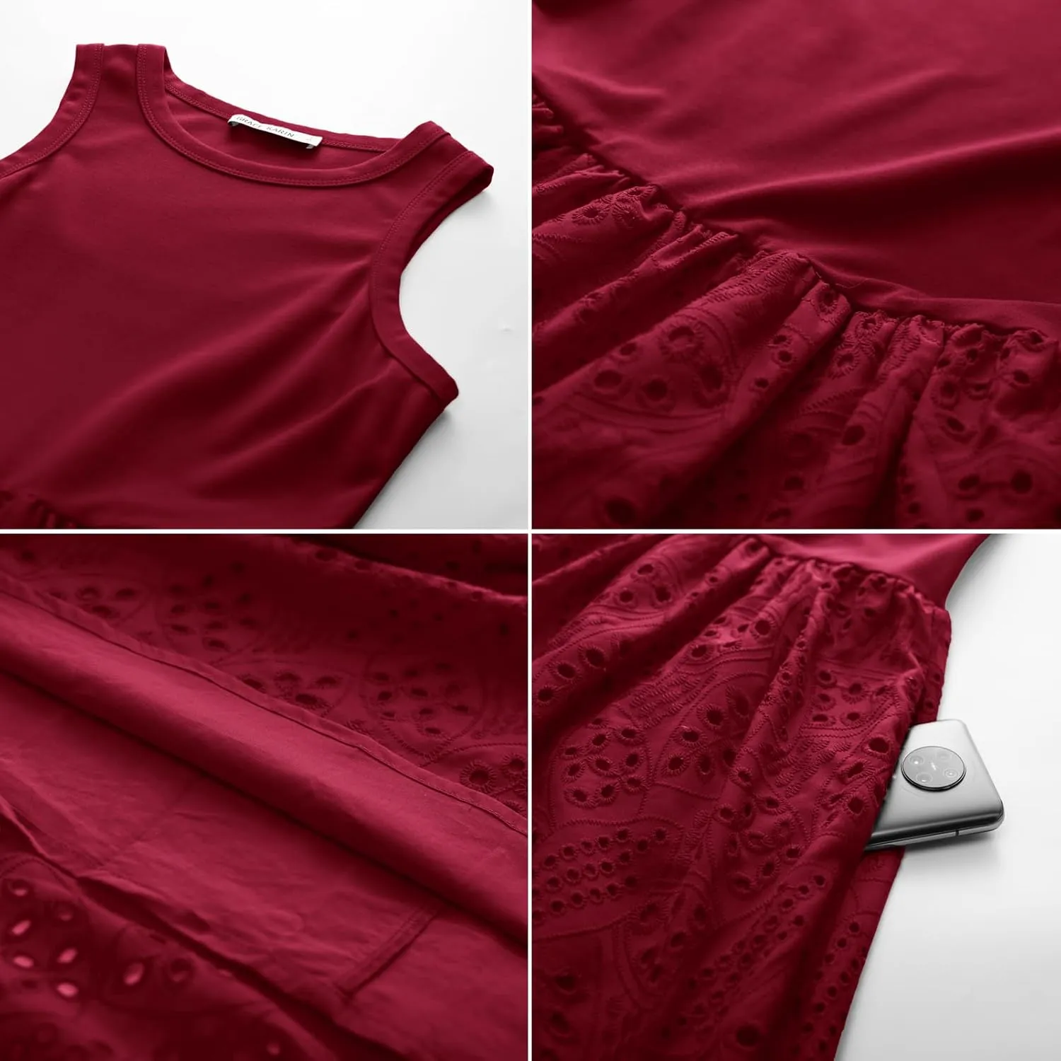 GRACE KARIN Women's Summer Sleeveless Tank Dress A Line Midi Dress Eyelet Crewneck Casual Holiday Dress with Pockets