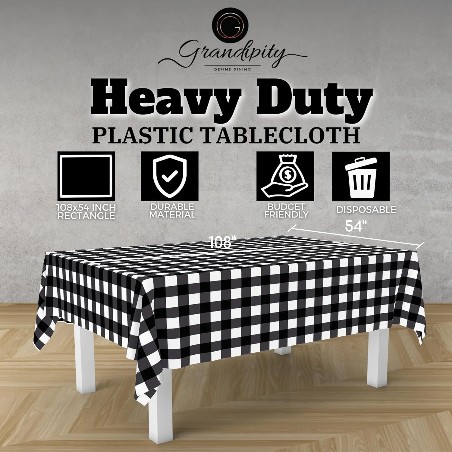 Grandipity 12 Pack Premium Disposable Plastic Tablecloth 54 Inch. x 108 Inch. Decorative Rectangle Checkered Table Cover - Black Checkered Gingham