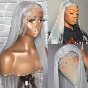 Grey Lace Front Wigs Human Hair, 30 Inch 13x6 Grey Wig Human Hair Pre Plucked Glueless HD Lace Front Grey Wigs for Black Women 180% Density Straight Human Hair Lace Front Wigs Colored Silver Grey