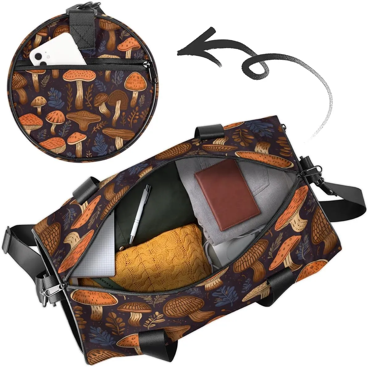 Gym Bags for Men Women Cute Mushrooms Printed Sports Duffel Bags Carry On Travel Duffle Bag with Detachable Adjustable Shoulder Strap Overnight Weekender Bag