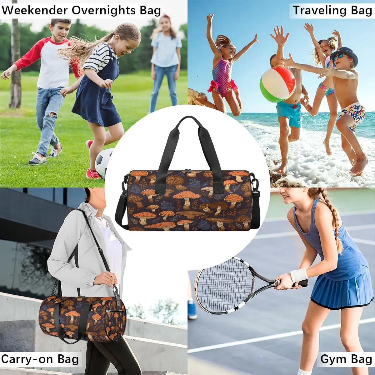 Gym Bags for Men Women Cute Mushrooms Printed Sports Duffel Bags Carry On Travel Duffle Bag with Detachable Adjustable Shoulder Strap Overnight Weekender Bag