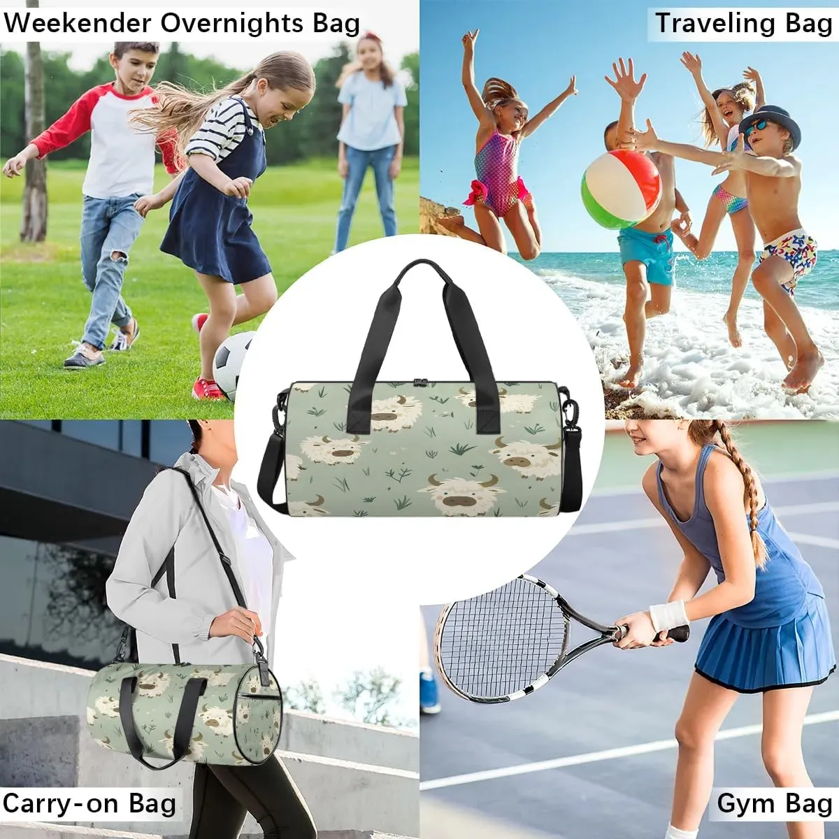 Gym Bags for Men Women Lovely Cattle Theme Sports Duffel Bags Carry On Travel Duffle Bag with Detachable Adjustable Shoulder Strap Overnight Weekender Bag