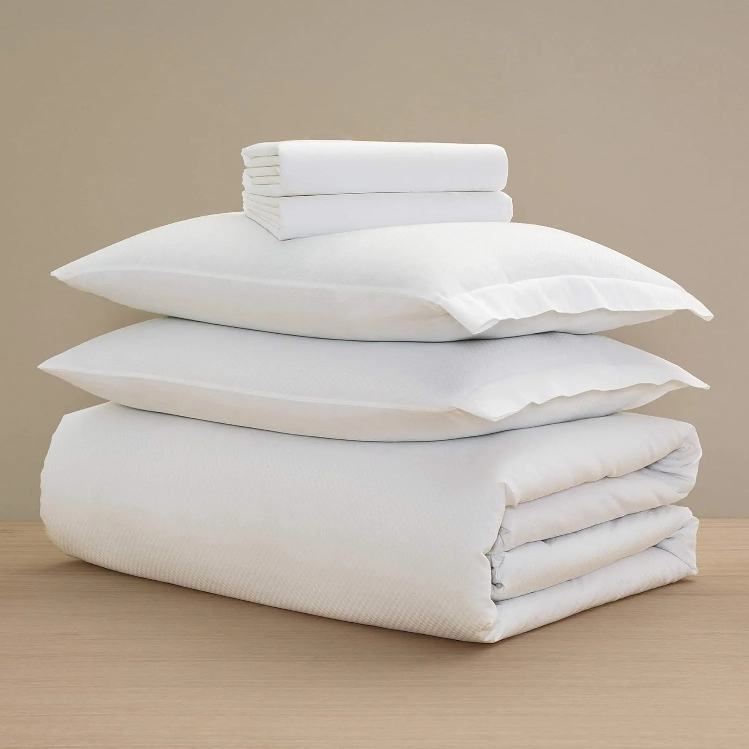 H by Frette Checkered Sateen Junior Suite Bed Bundle (Queen) - Luxury All-White Bedding Bundle/Includes Pillowcases, Top Sheet, Fitted Sheet, and Duvet Cover