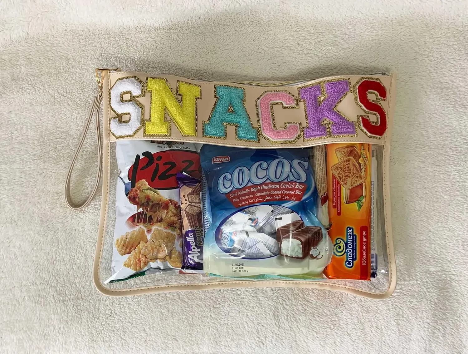 HAIBOLAN Monogram Clear Stadium Purse Bag Chenille Letter Travel Patch Pouch Snack Makeup Wristlet