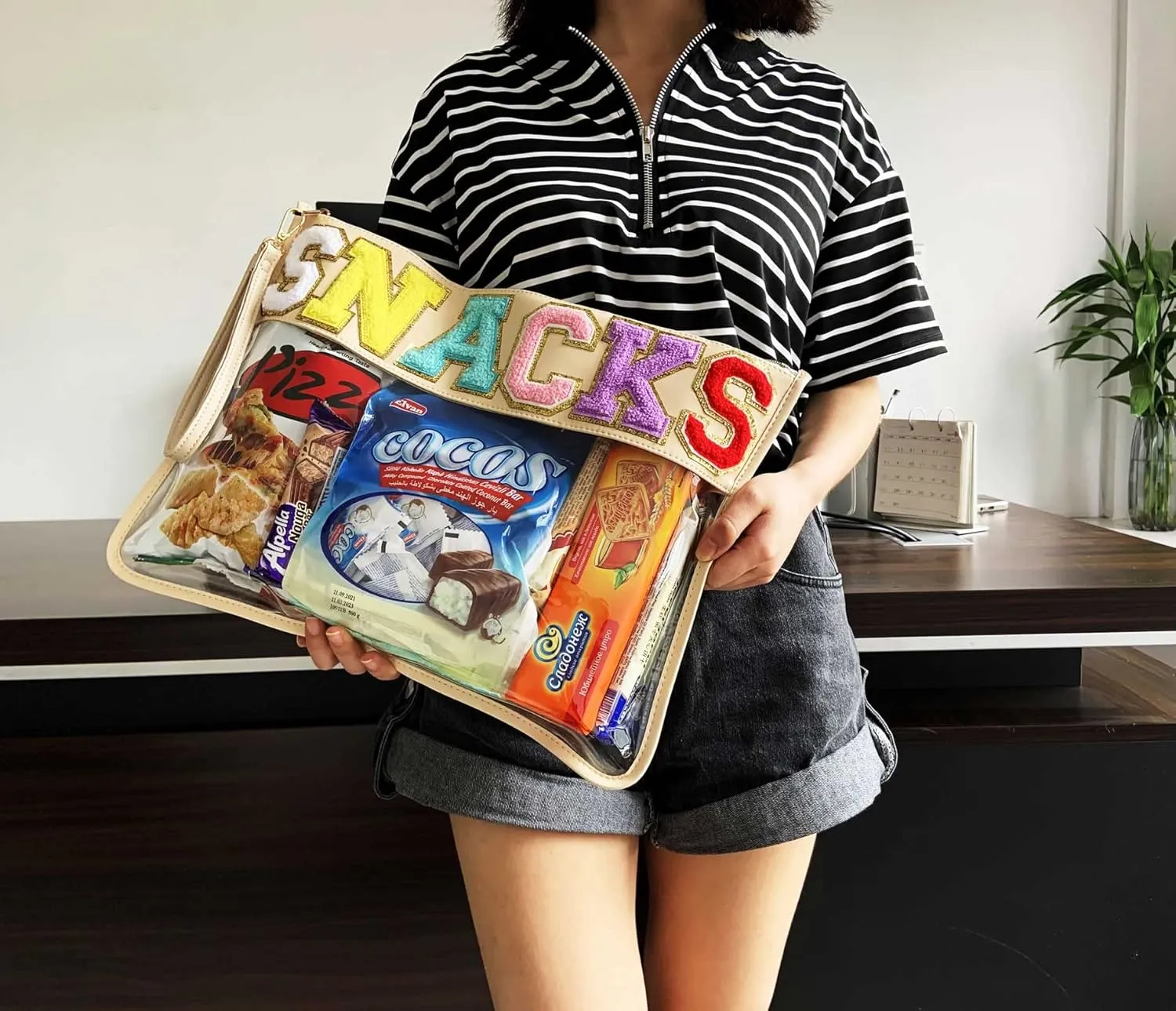HAIBOLAN Monogram Clear Stadium Purse Bag Chenille Letter Travel Patch Pouch Snack Makeup Wristlet
