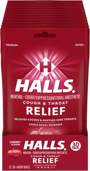 HALLS Relief Cherry Flavor Cough Drops, 30 Count (Pack of 12)