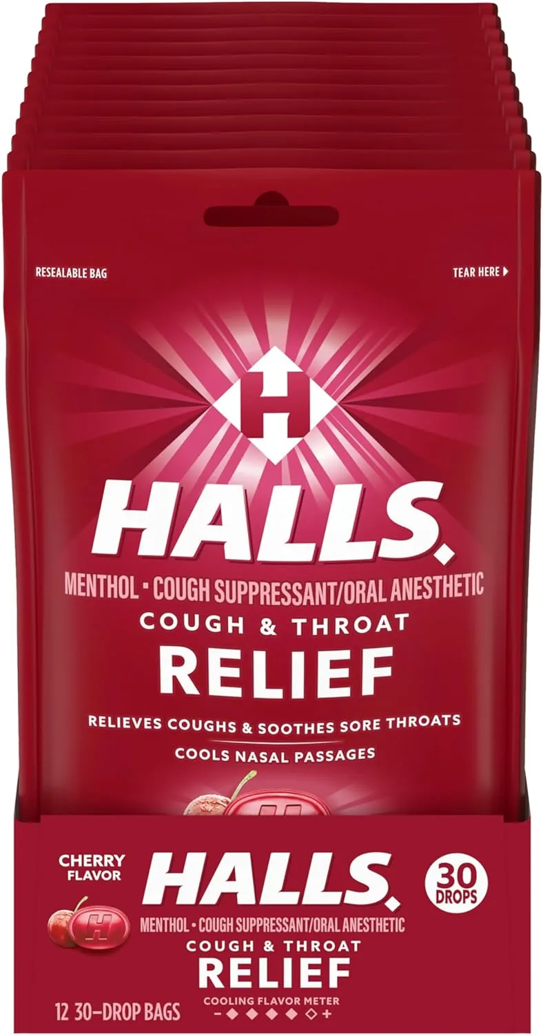 HALLS Relief Cherry Flavor Cough Drops, 30 Count (Pack of 12)