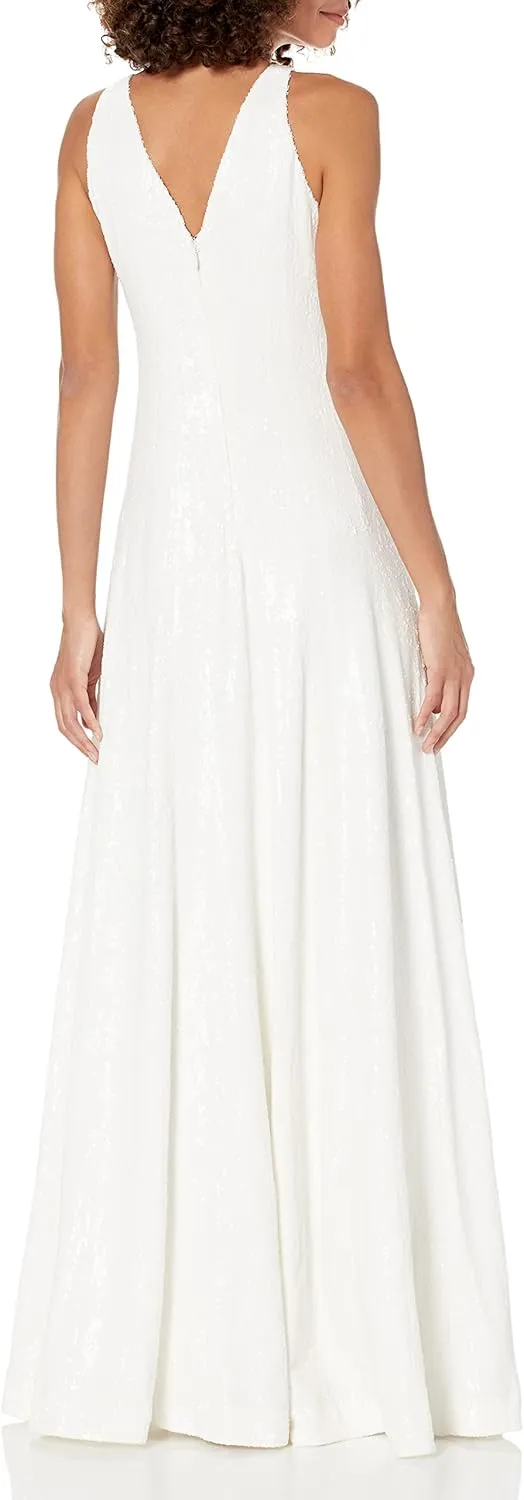 HALSTON Women's Sleeveless V Neck Micro Sequin Paneled Gown