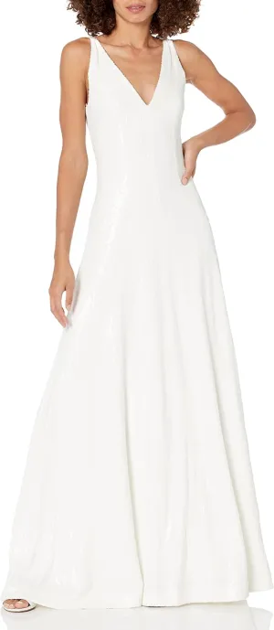 HALSTON Women's Sleeveless V Neck Micro Sequin Paneled Gown