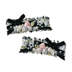 Handmade Lolita Rococo Bowknot Retro Velvet Side Hair Clip Headwear Accessory 1 Pair for Women (Black)