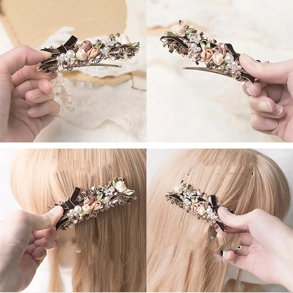 Handmade Lolita Rococo Bowknot Retro Velvet Side Hair Clip Headwear Accessory 1 Pair for Women (Black)