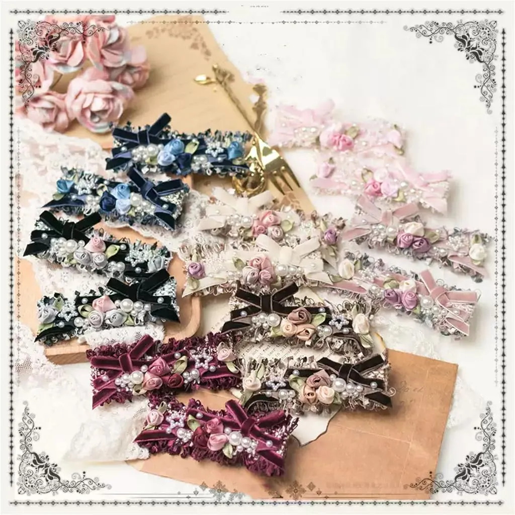 Handmade Lolita Rococo Bowknot Retro Velvet Side Hair Clip Headwear Accessory 1 Pair for Women (Black)