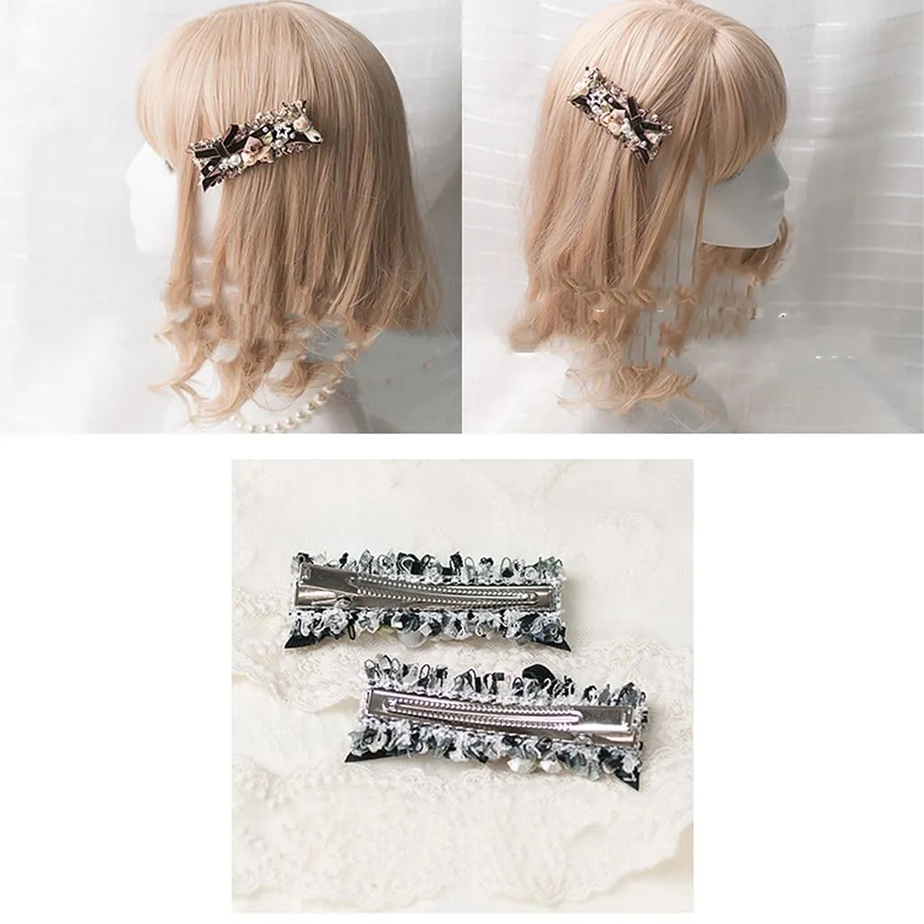 Handmade Lolita Rococo Bowknot Retro Velvet Side Hair Clip Headwear Accessory 1 Pair for Women (Black)