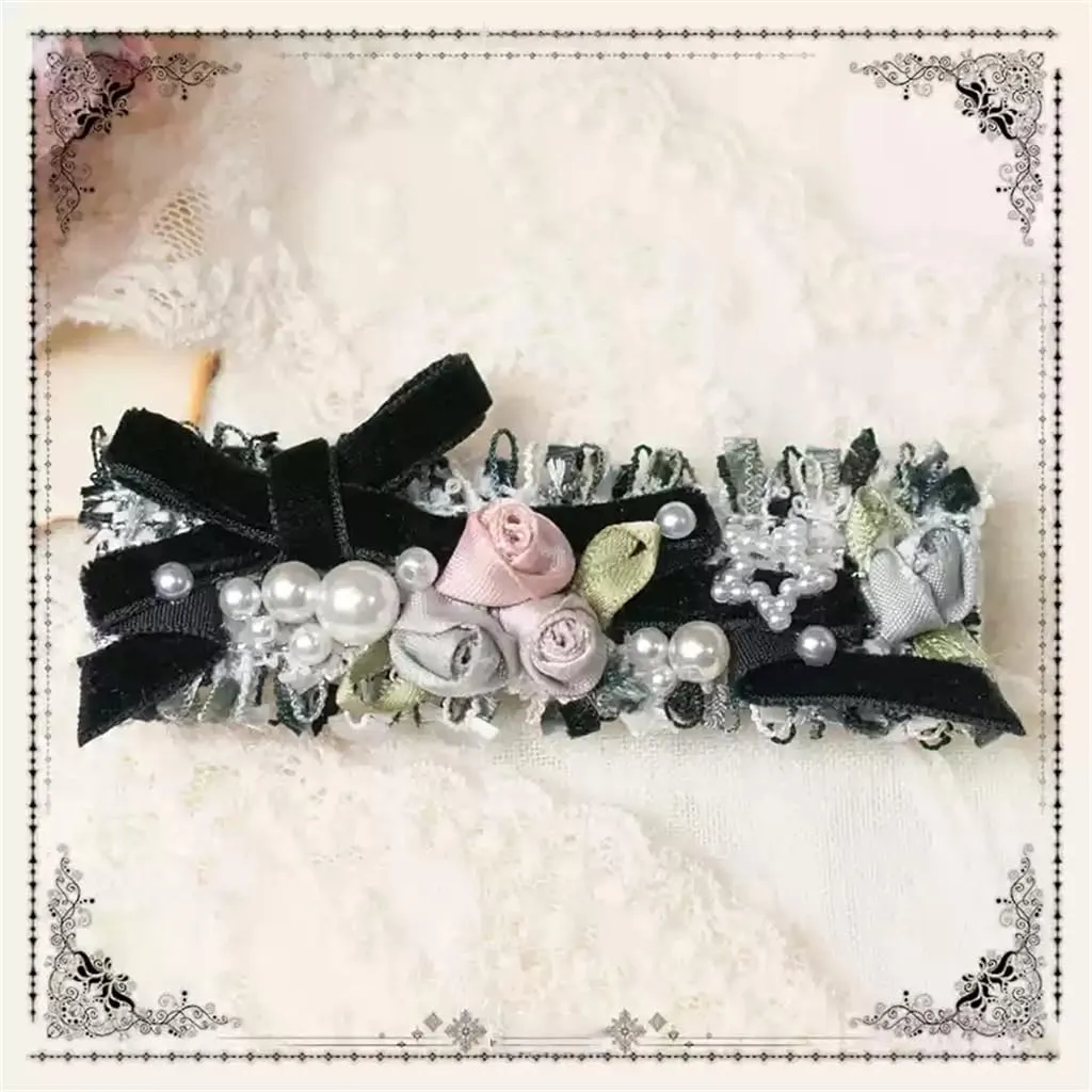 Handmade Lolita Rococo Bowknot Retro Velvet Side Hair Clip Headwear Accessory 1 Pair for Women (Black)