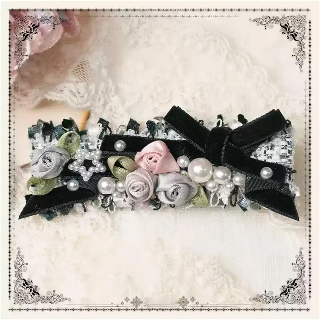 Handmade Lolita Rococo Bowknot Retro Velvet Side Hair Clip Headwear Accessory 1 Pair for Women (Black)