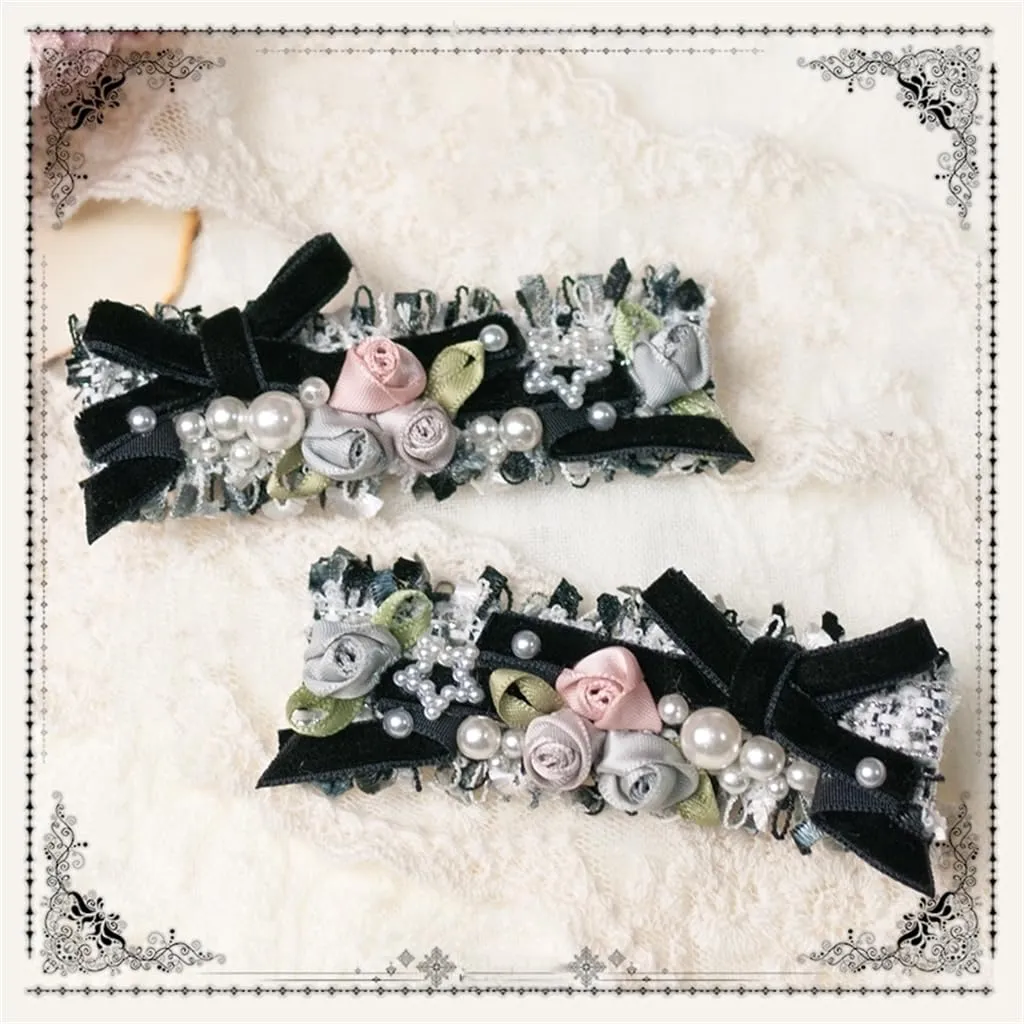 Handmade Lolita Rococo Bowknot Retro Velvet Side Hair Clip Headwear Accessory 1 Pair for Women (Black)