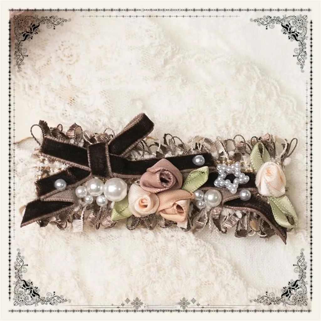 Handmade Lolita Rococo Bowknot Retro Velvet Side Hair Clip Headwear Accessory 1 Pair for Women (Brown)