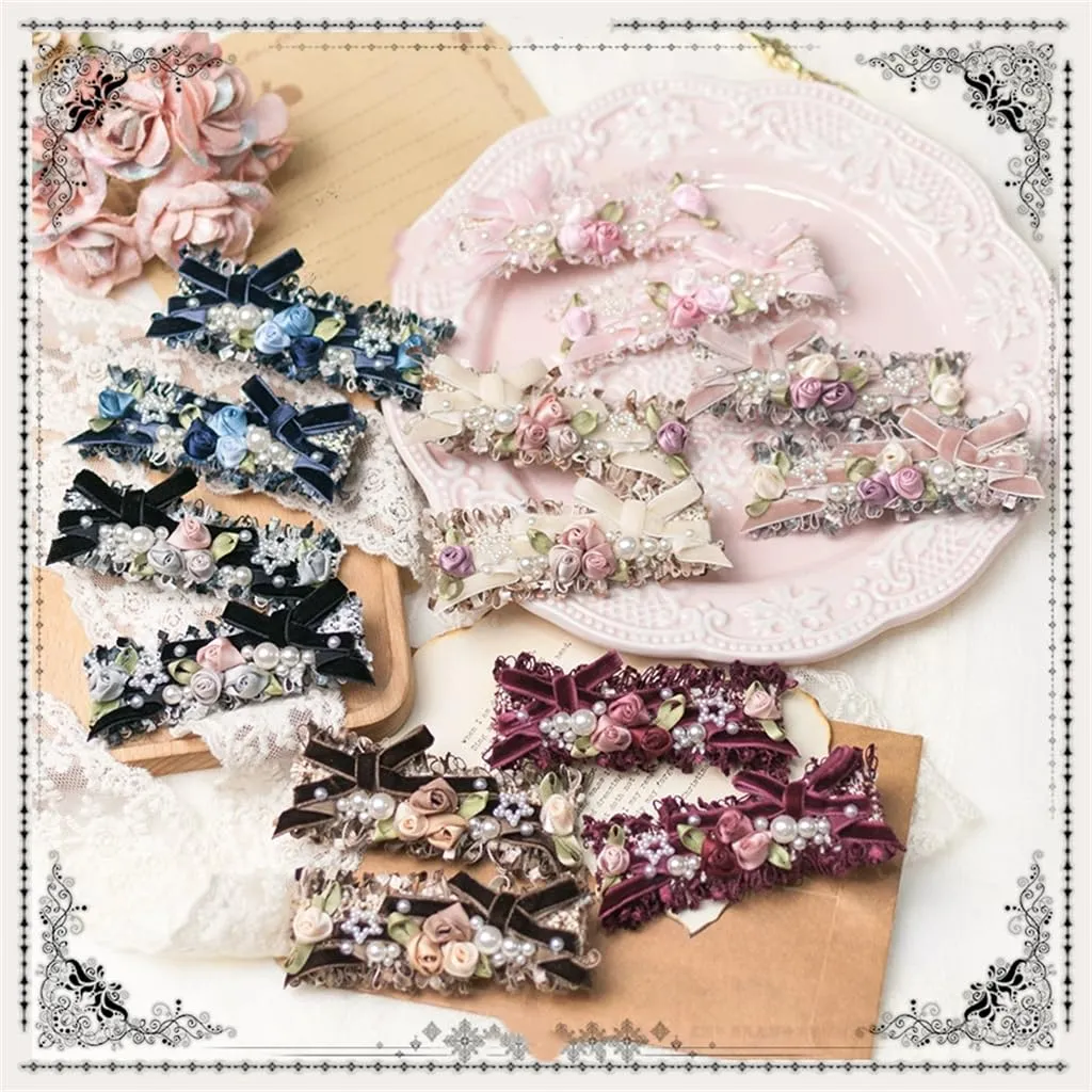 Handmade Lolita Rococo Bowknot Retro Velvet Side Hair Clip Headwear Accessory 1 Pair for Women (Brown)