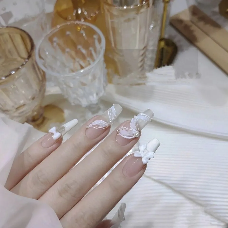 Handmade White French Ribbon Bowknot Nail Art Patch
