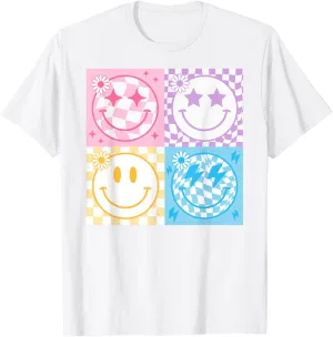 Happy Face Smile Checkered Pattern Retro Vibes Trendy Funny T-Shirt