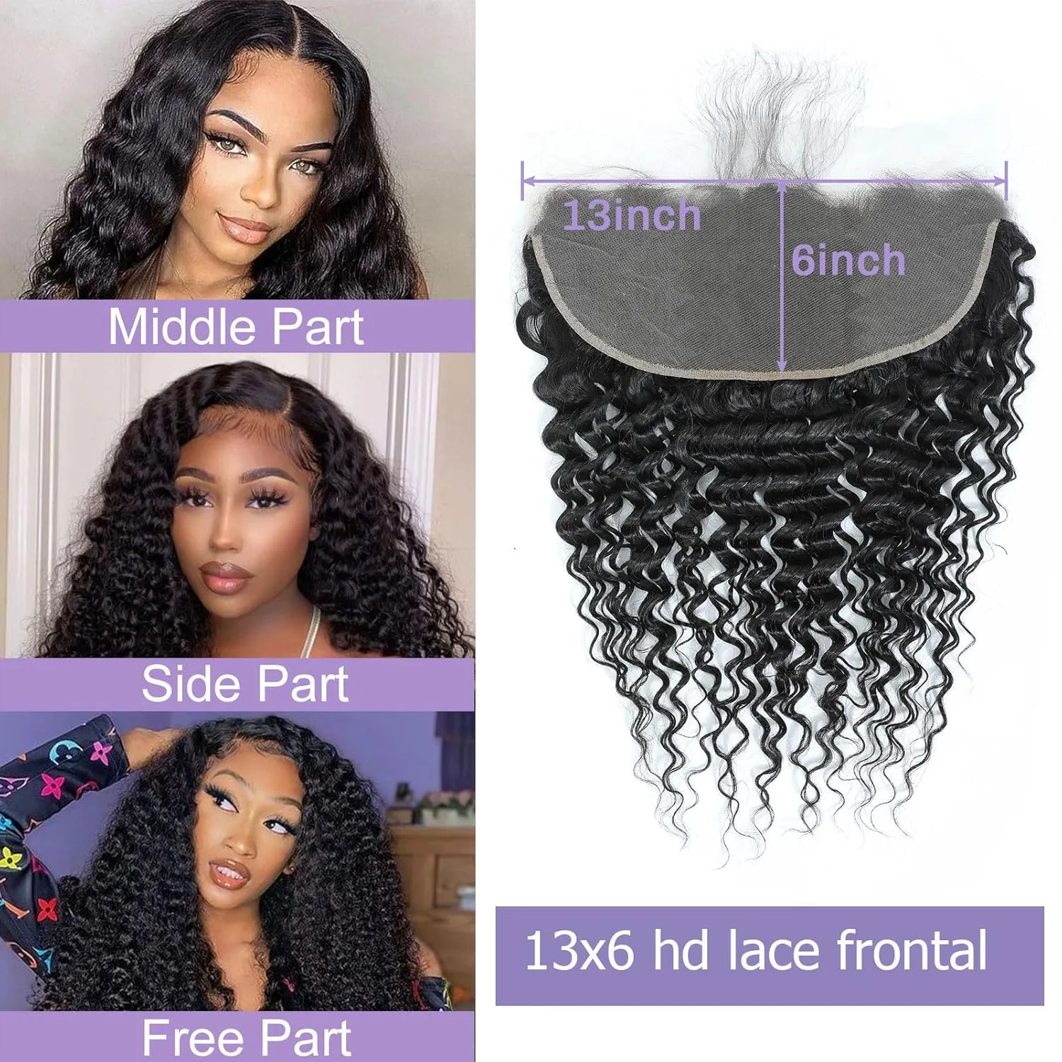HD Frontal Deep Wave 13x6 Frontal HD Lace 13x6 Deep Wave 20 Inch Human Hair Transparent Lace Closure 100% Raw Virgin Human Hair Ear to Ear Free Part Natural Black Color