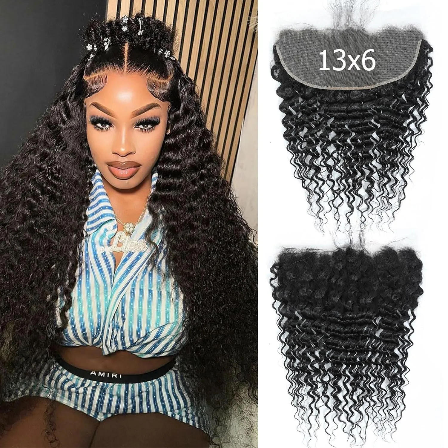 HD Frontal Deep Wave 13x6 Frontal HD Lace 13x6 Deep Wave 20 Inch Human Hair Transparent Lace Closure 100% Raw Virgin Human Hair Ear to Ear Free Part Natural Black Color
