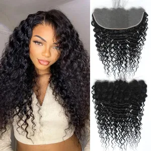 HD Frontal Deep Wave 13x6 Frontal HD Lace 13x6 Deep Wave 20 Inch Human Hair Transparent Lace Closure 100% Raw Virgin Human Hair Ear to Ear Free Part Natural Black Color