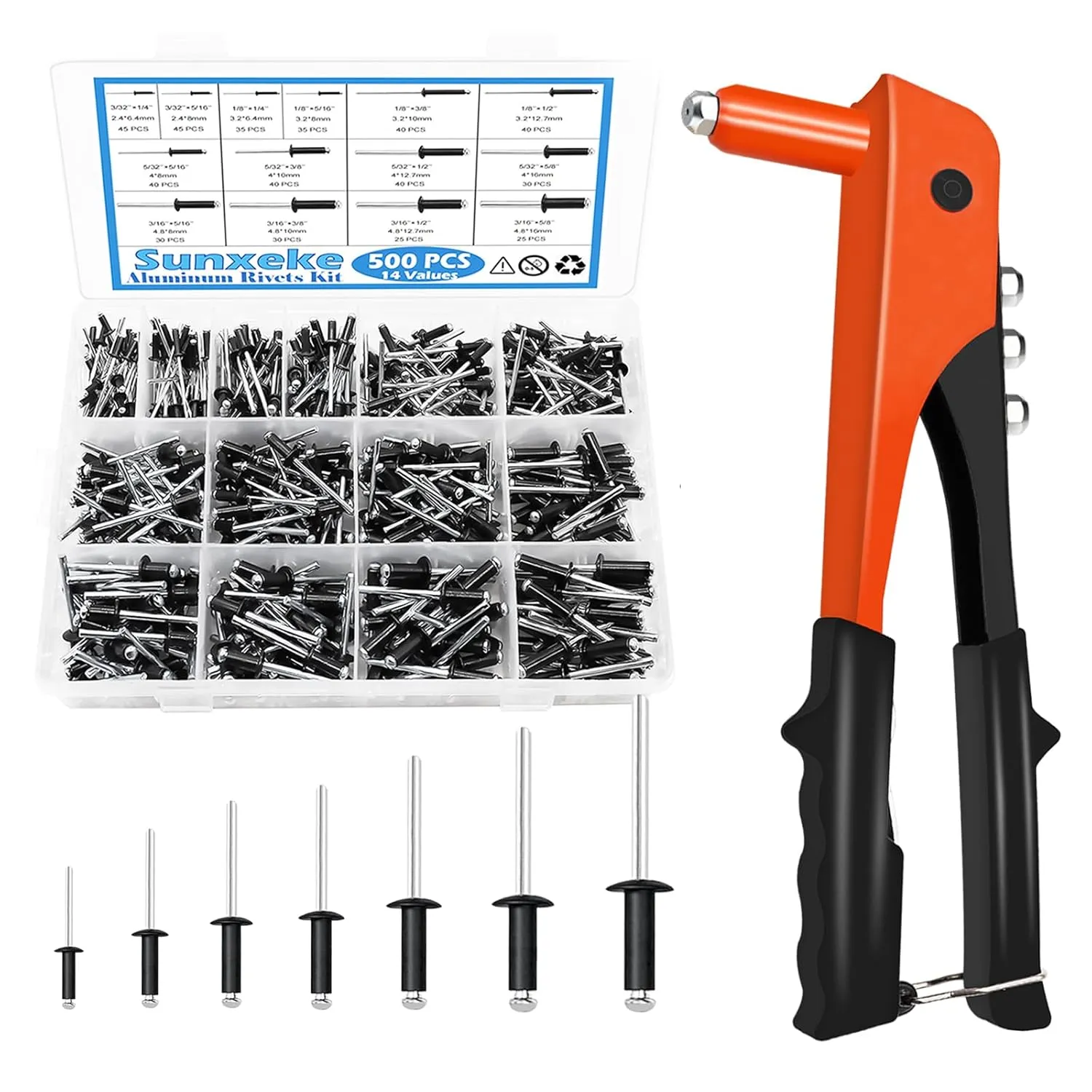 Heavy Duty Riveter Kit,Pop Rivet Gun with Black Pop Rivets Assortment Kit,500PCS 14 Sizes Aluminum Blind Rivets for DIY/Automotive Repairs/Furniture