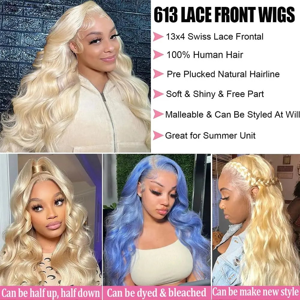 Hiar 13x4 Blonde Lace Front Wigs Human Hair 28 Inch Body Wave 613 Lace Front Wig Human Hair 180% Density Glueless 613 HD Transparent Lace Frontal Wig Human Hair Pre Plucked Wig for Women