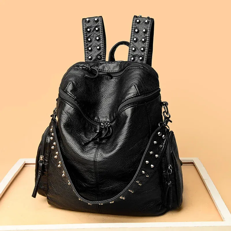 High Quality Rivet Soft Leather Backpacks for Women 2023 Fashion Luxury Ladies Shoulder Bag Large Capacity School Bags Backpack