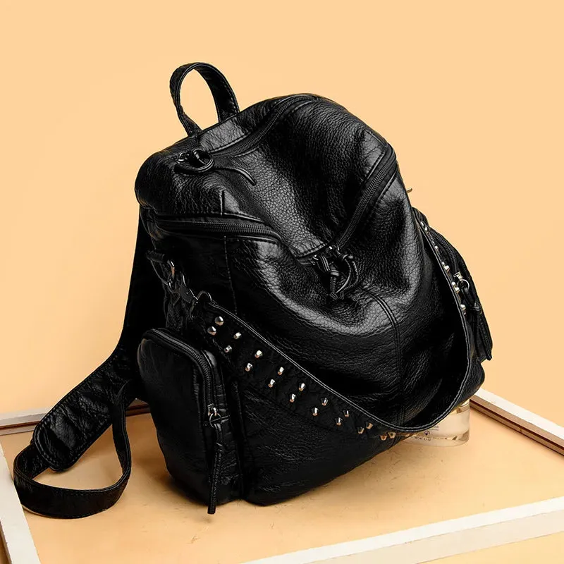 High Quality Rivet Soft Leather Backpacks for Women 2023 Fashion Luxury Ladies Shoulder Bag Large Capacity School Bags Backpack