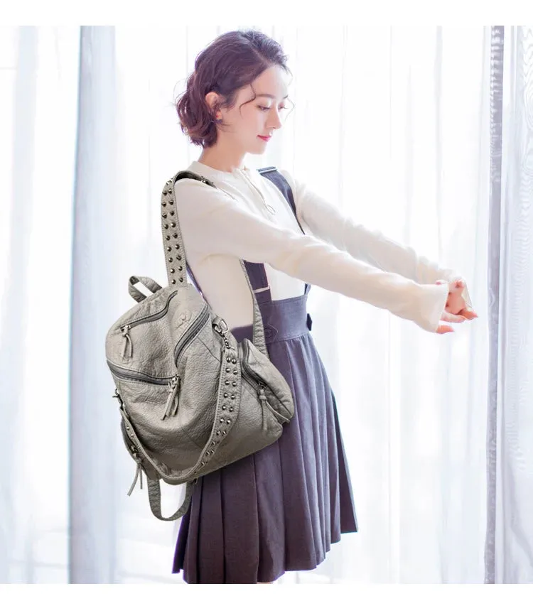 High Quality Rivet Soft Leather Backpacks for Women 2023 Fashion Luxury Ladies Shoulder Bag Large Capacity School Bags Backpack