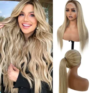 Highlight Ombre Blonde 13x6 Lace Front Wig Human Hair 22 Inch Chocolate Brown to Bleach Blonde Balayage HD Transparent Lace Frontal Wigs Pre Plucked 150% Density Human Hair with Brown Roots for Women