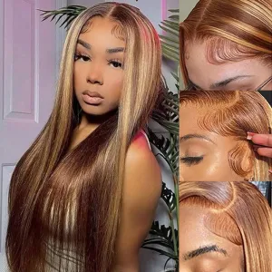 Highlight Ombre Straight Human Hair 13x6 HD Transparent Full Lace Front Human Hair Wigs 20inch 180% Density Pre Plucked with Baby Hair P4/27 Color Glueless Human Hair Straight Honey Blonde Wig