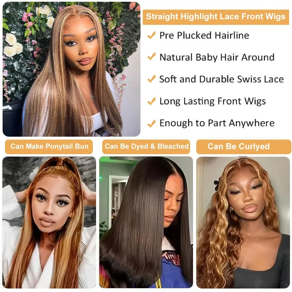 Highlight Ombre Straight Human Hair 13x6 HD Transparent Full Lace Front Human Hair Wigs 24inch 180% Density Pre Plucked with Baby Hair P4/27 Color Glueless Human Hair Straight Honey Blonde Wig
