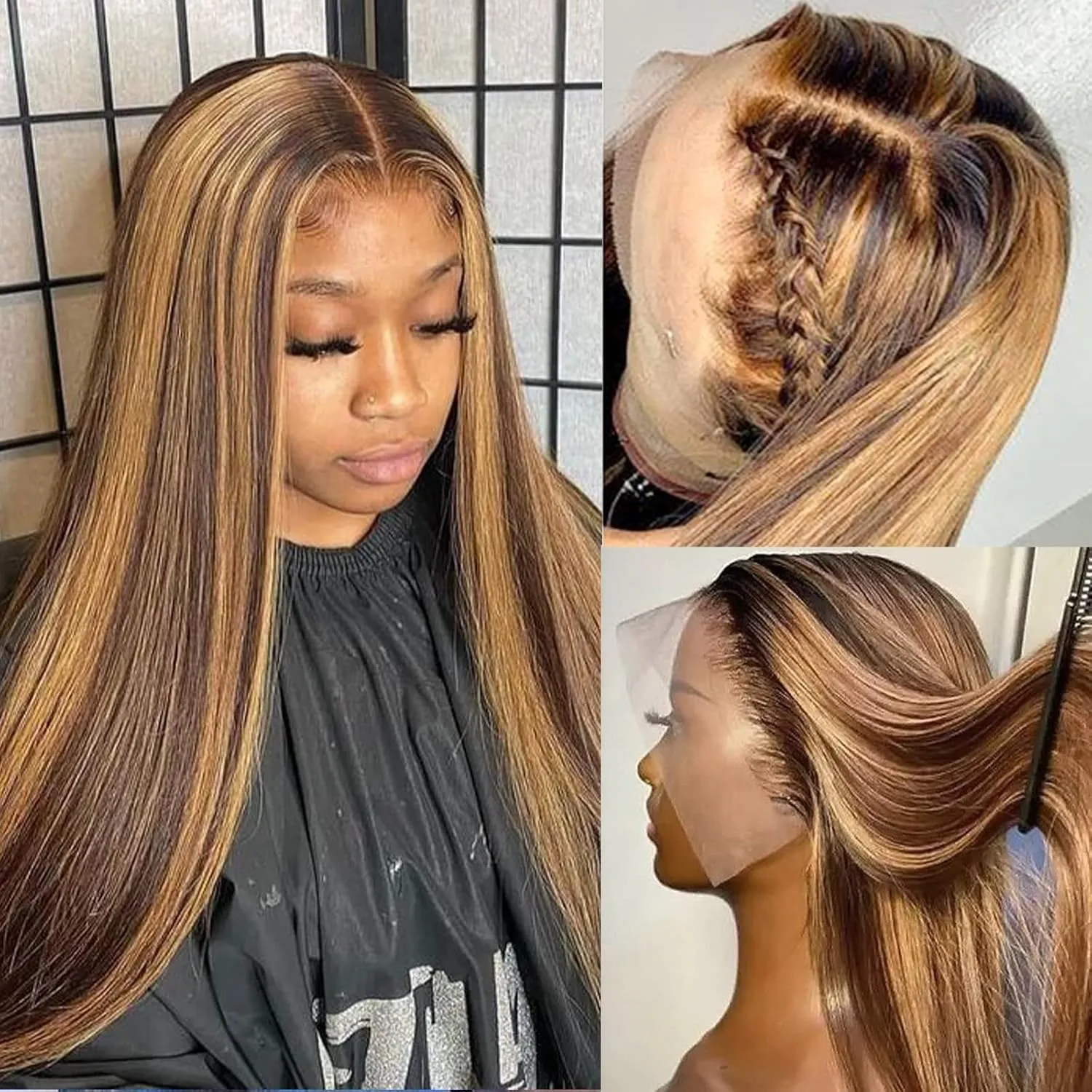 Highlight Ombre Straight Human Hair 13x6 HD Transparent Full Lace Front Human Hair Wigs 24inch 180% Density Pre Plucked with Baby Hair P4/27 Color Glueless Human Hair Straight Honey Blonde Wig