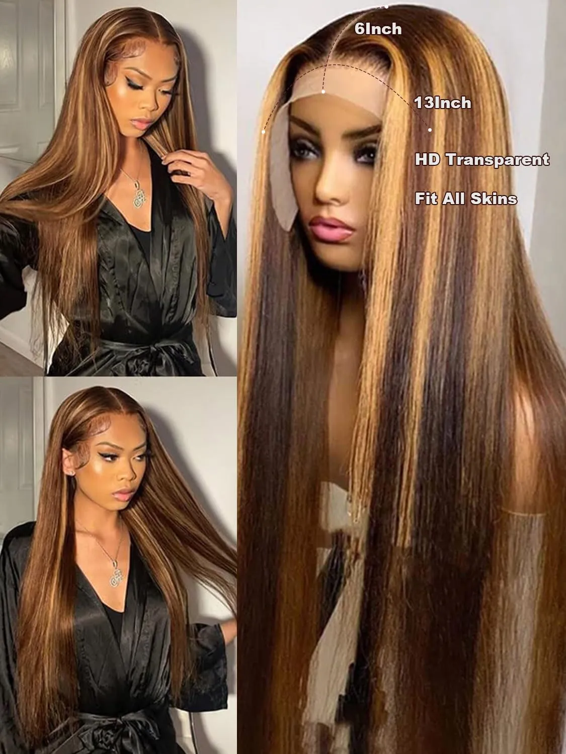 Highlight Ombre Straight Human Hair 13x6 HD Transparent Full Lace Front Human Hair Wigs 24inch 180% Density Pre Plucked with Baby Hair P4/27 Color Glueless Human Hair Straight Honey Blonde Wig