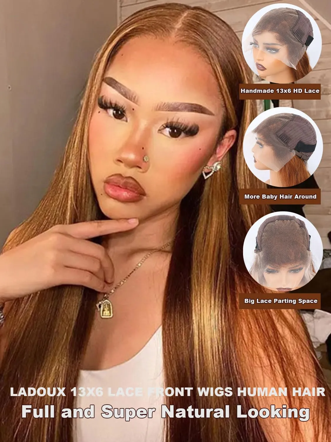 Highlight Ombre Straight Human Hair 13x6 HD Transparent Full Lace Front Human Hair Wigs 24inch 180% Density Pre Plucked with Baby Hair P4/27 Color Glueless Human Hair Straight Honey Blonde Wig