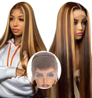 Highlight Wig Human Hair 26inch 200% Density 13x4 Full Frontal HD Transparent Lace Pre Plucked Ombre Straight Lace Front Wig Human Hair Brown Colored Glueless 100 Natural Human Hair Wigs For Women