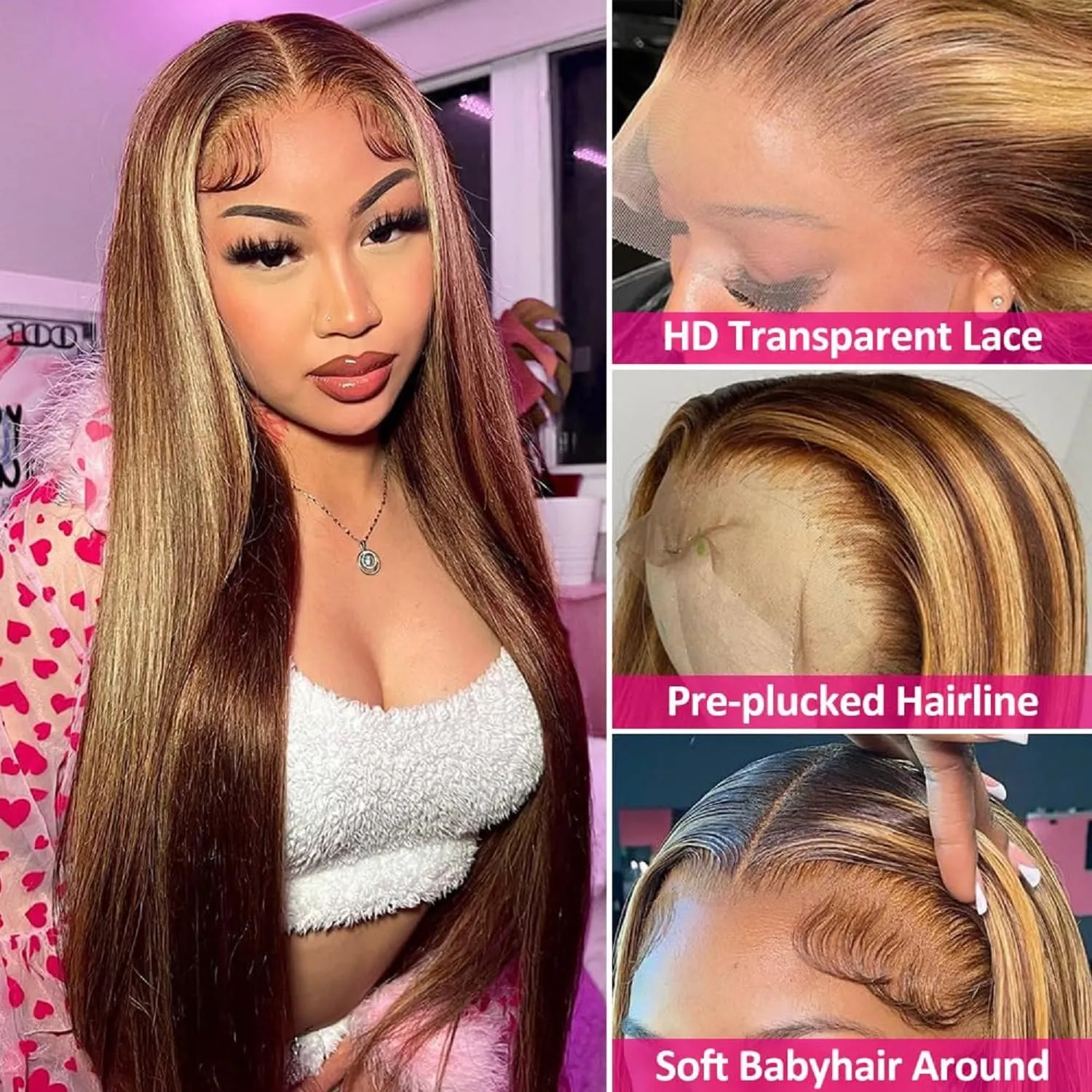 Highlight Wig Human Hair 26inch 200% Density 13x4 Full Frontal HD Transparent Lace Pre Plucked Ombre Straight Lace Front Wig Human Hair Brown Colored Glueless 100 Natural Human Hair Wigs For Women