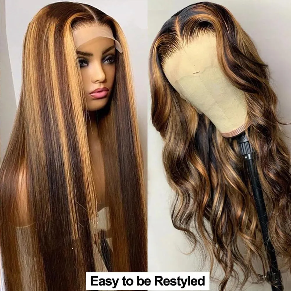 Highlight Wig Human Hair 26inch 200% Density 13x4 Full Frontal HD Transparent Lace Pre Plucked Ombre Straight Lace Front Wig Human Hair Brown Colored Glueless 100 Natural Human Hair Wigs For Women