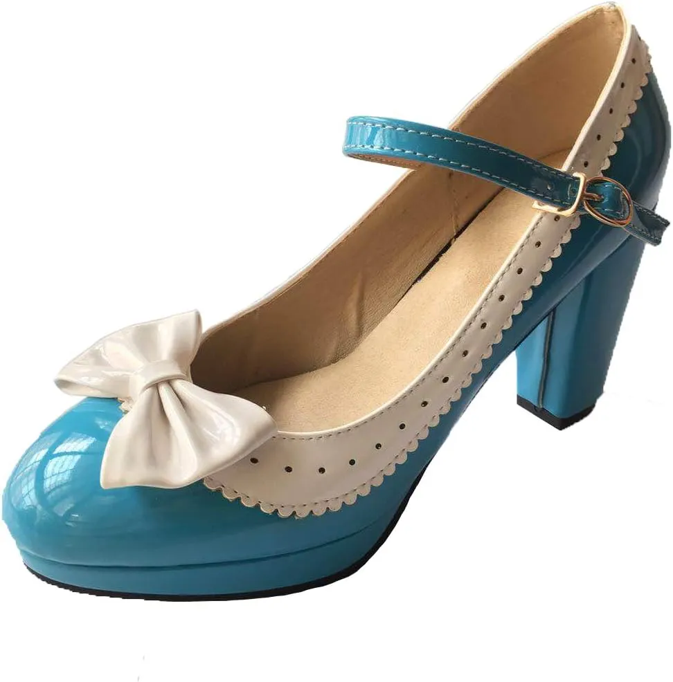 HILIB Woman's High Heel Lolita Shoes Cute Bowknot Mary Jane Shoes