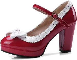 HILIB Woman's High Heel Lolita Shoes Cute Bowknot Mary Jane Shoes