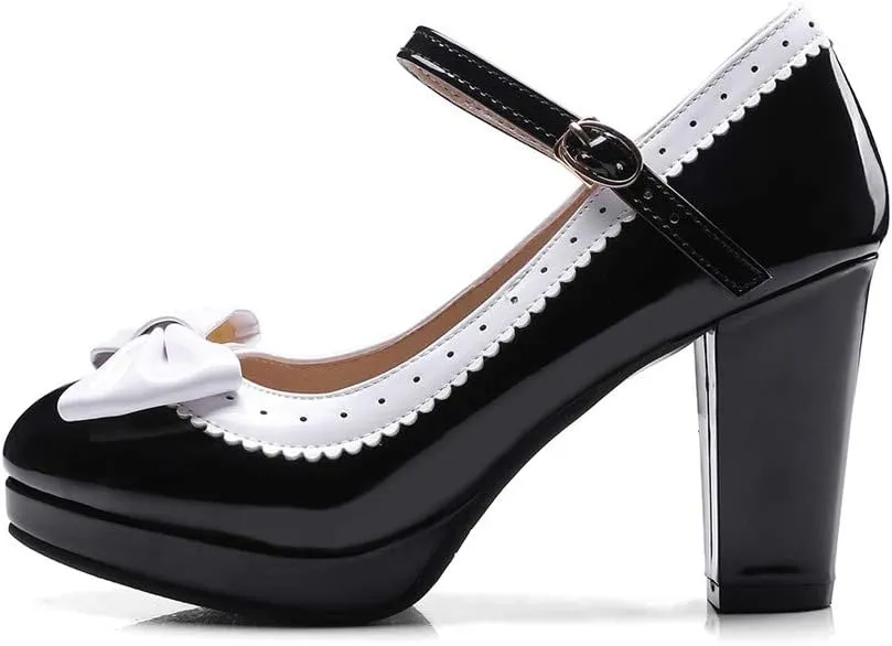 HILIB Woman's High Heel Lolita Shoes Cute Bowknot Mary Jane Shoes