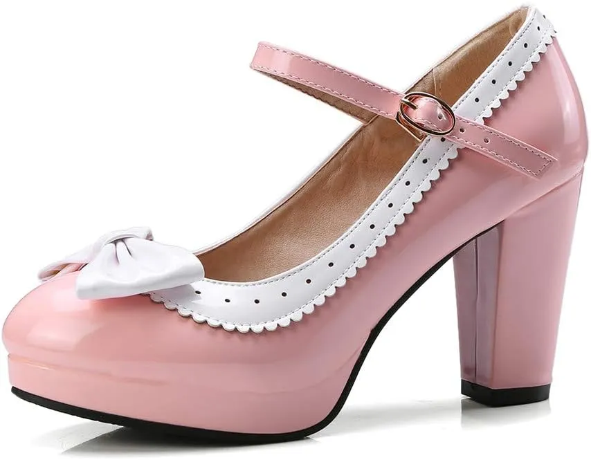 HILIB Woman's High Heel Lolita Shoes Cute Bowknot Mary Jane Shoes