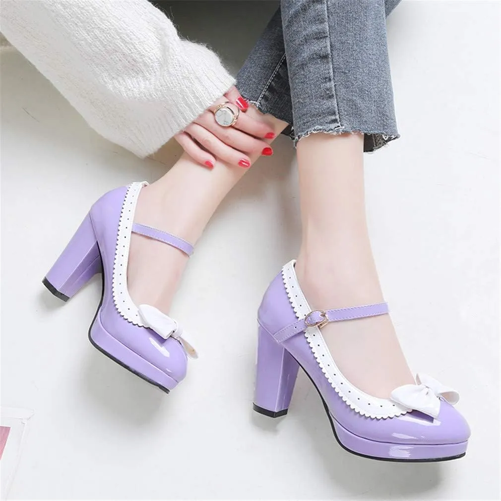 HILIB Woman's High Heel Lolita Shoes Cute Bowknot Mary Jane Shoes